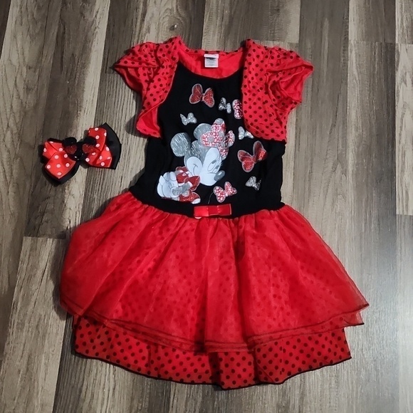 Disney Other - DISNEY Minnie Mouse Dress Size 6 Red and Black with Matching Minnie Bow